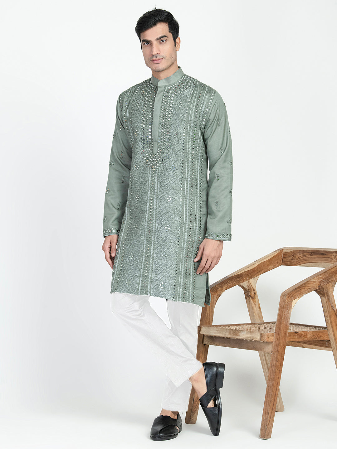 Thread Embroidered Real Glass Work Kurta Set