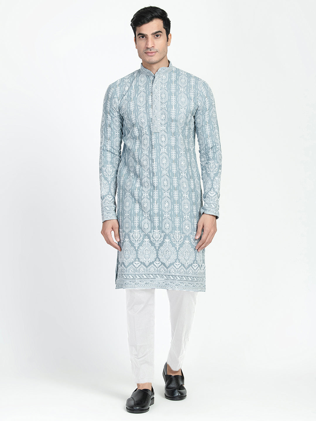 Mens Lucknowi Chikankari Sequins Kurta Set