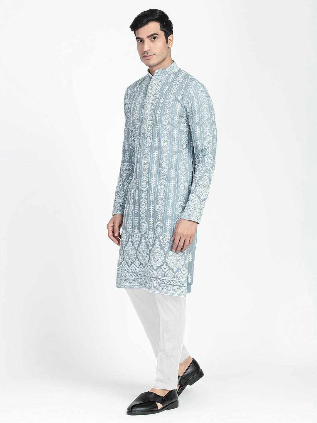 Mens Lucknowi Chikankari Sequins Kurta Set