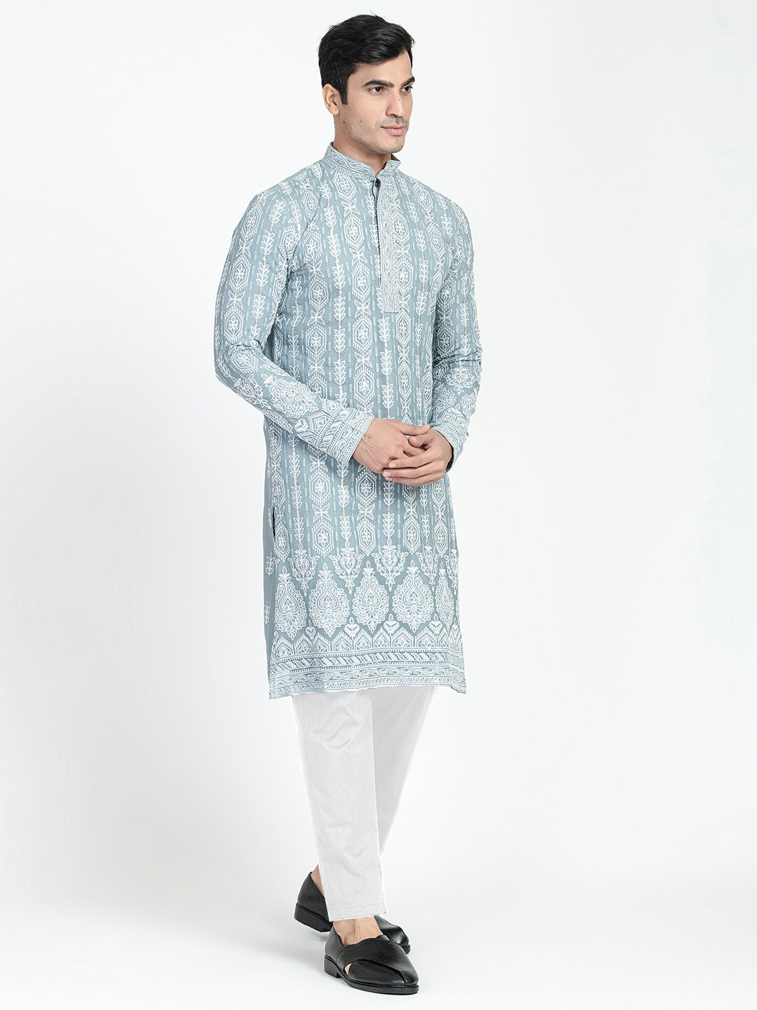 Mens Lucknowi Chikankari Sequins Kurta Set