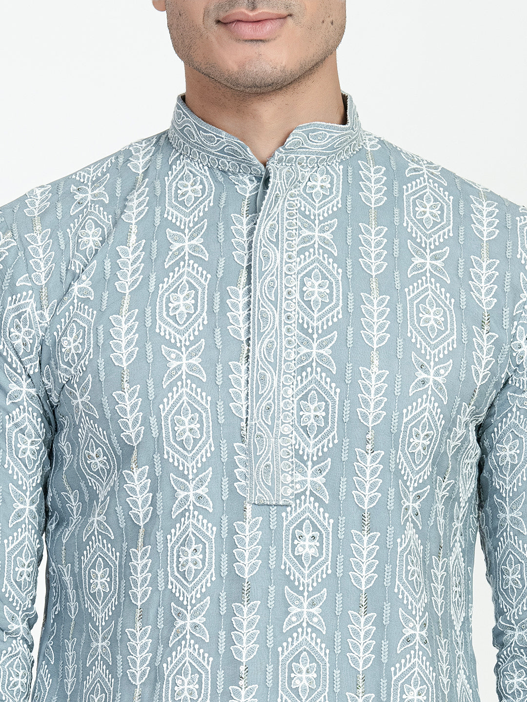 Mens Lucknowi Chikankari Sequins Kurta Set