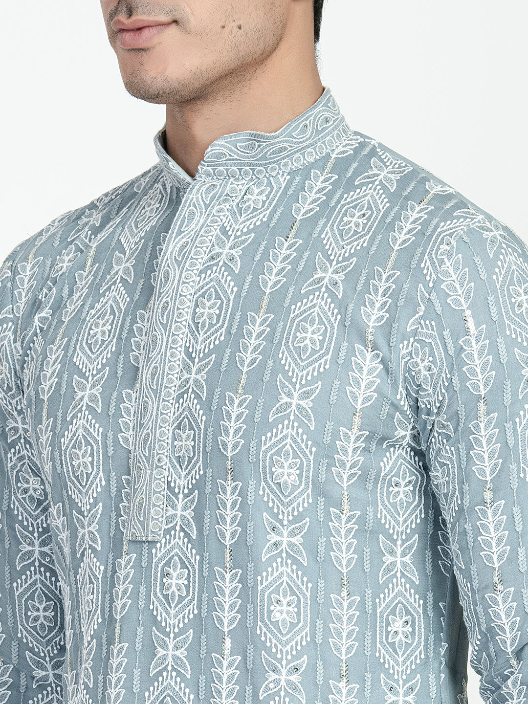 Mens Lucknowi Chikankari Sequins Kurta Set