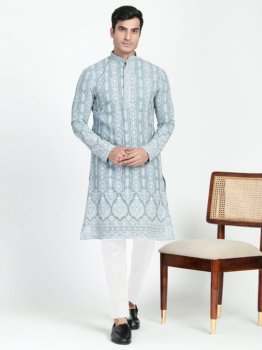 Mens Lucknowi Chikankari Sequins Kurta Set