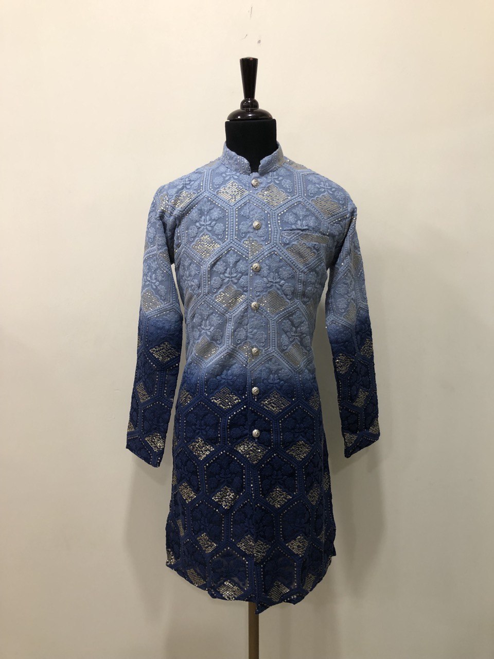 Full Buttoned Ombre Effect Kurta Set With Sequins