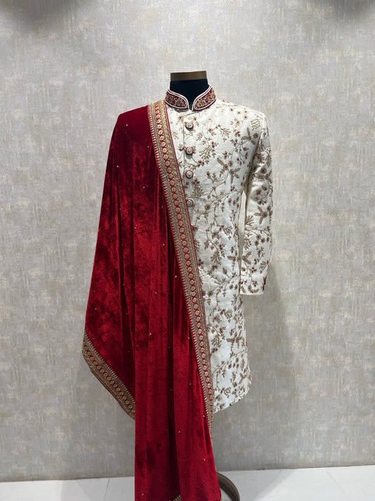 Ivory Dori Work Sherwani Set With Red Hints