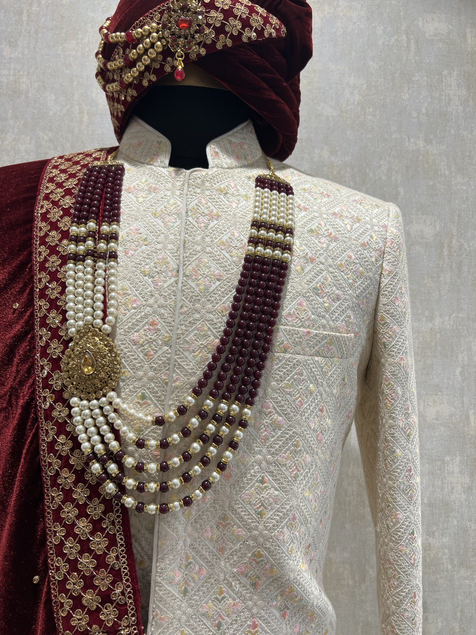 Ivory Threadwork Sherwani Set With Pink Hints