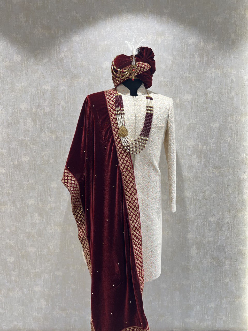 Ivory Threadwork Sherwani Set With Pink Hints