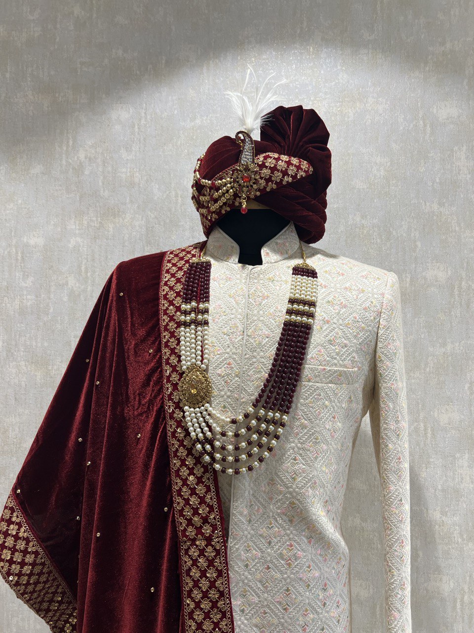 Ivory Threadwork Sherwani Set With Pink Hints