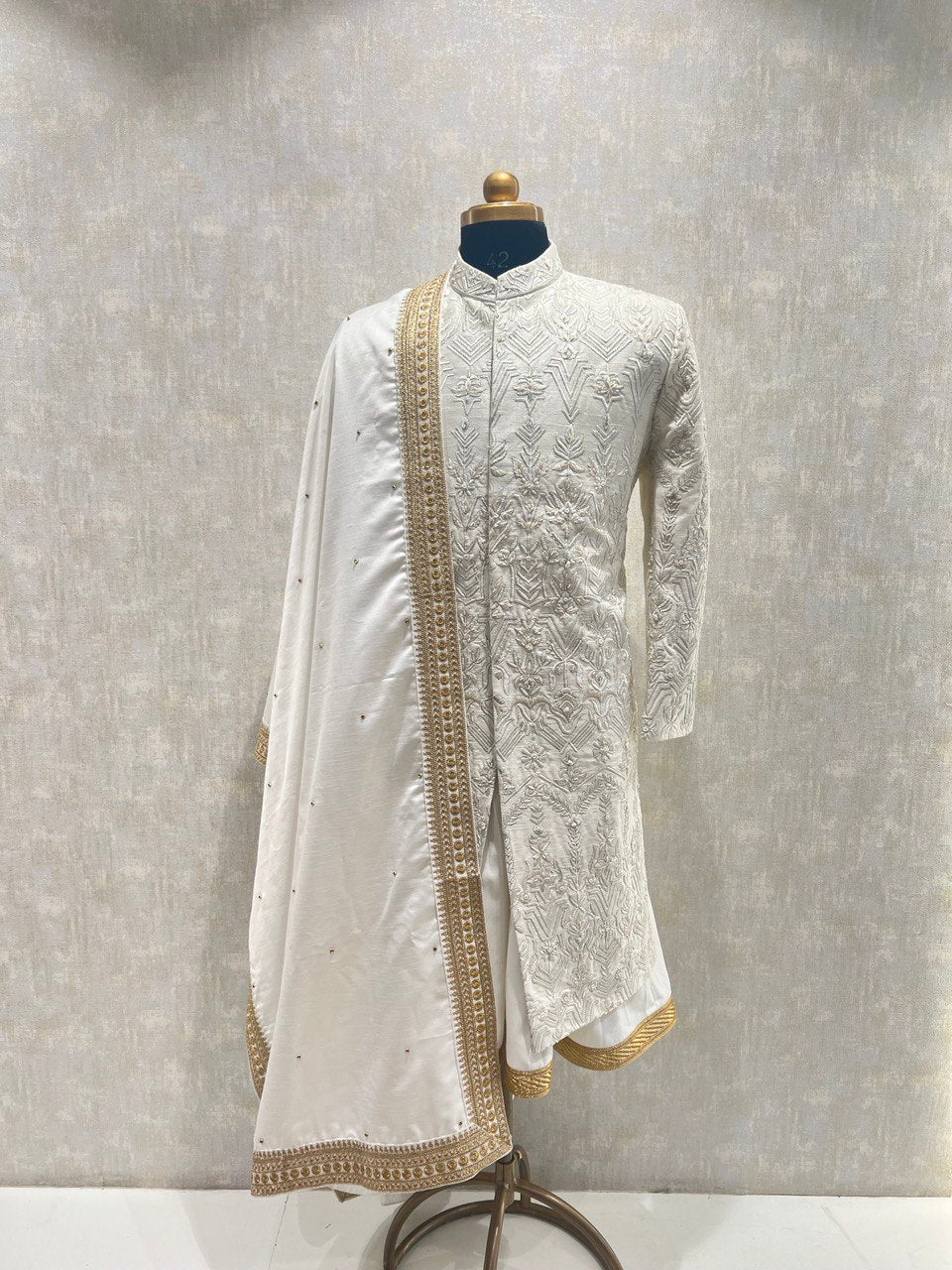 Ivory Thread Sherwani Set With Cut Dana Embroidery