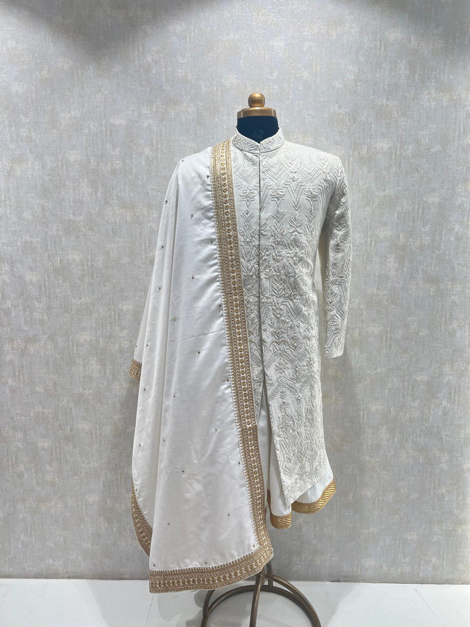 Ivory Thread Sherwani Set With Cut Dana Embroidery