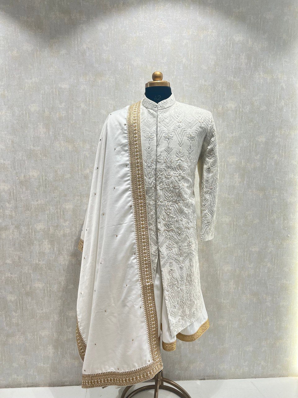 Ivory Thread Sherwani Set With Cut Dana Embroidery