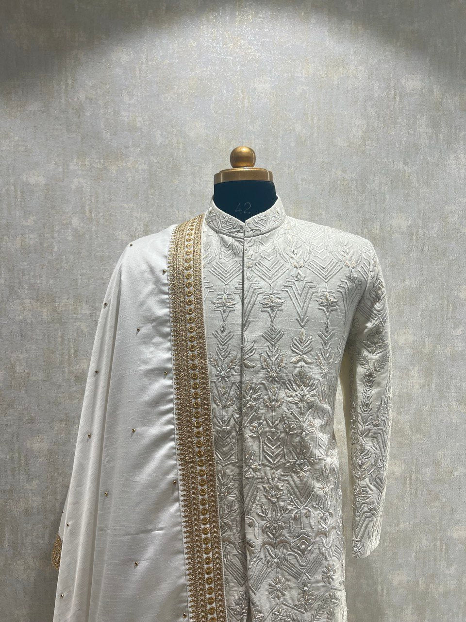 Ivory Thread Sherwani Set With Cut Dana Embroidery