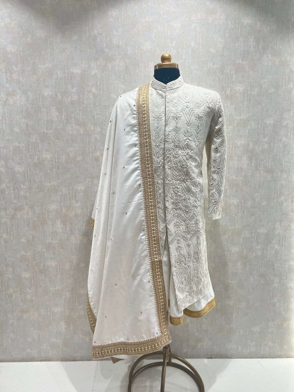 Ivory Thread Sherwani Set With Cut Dana Embroidery