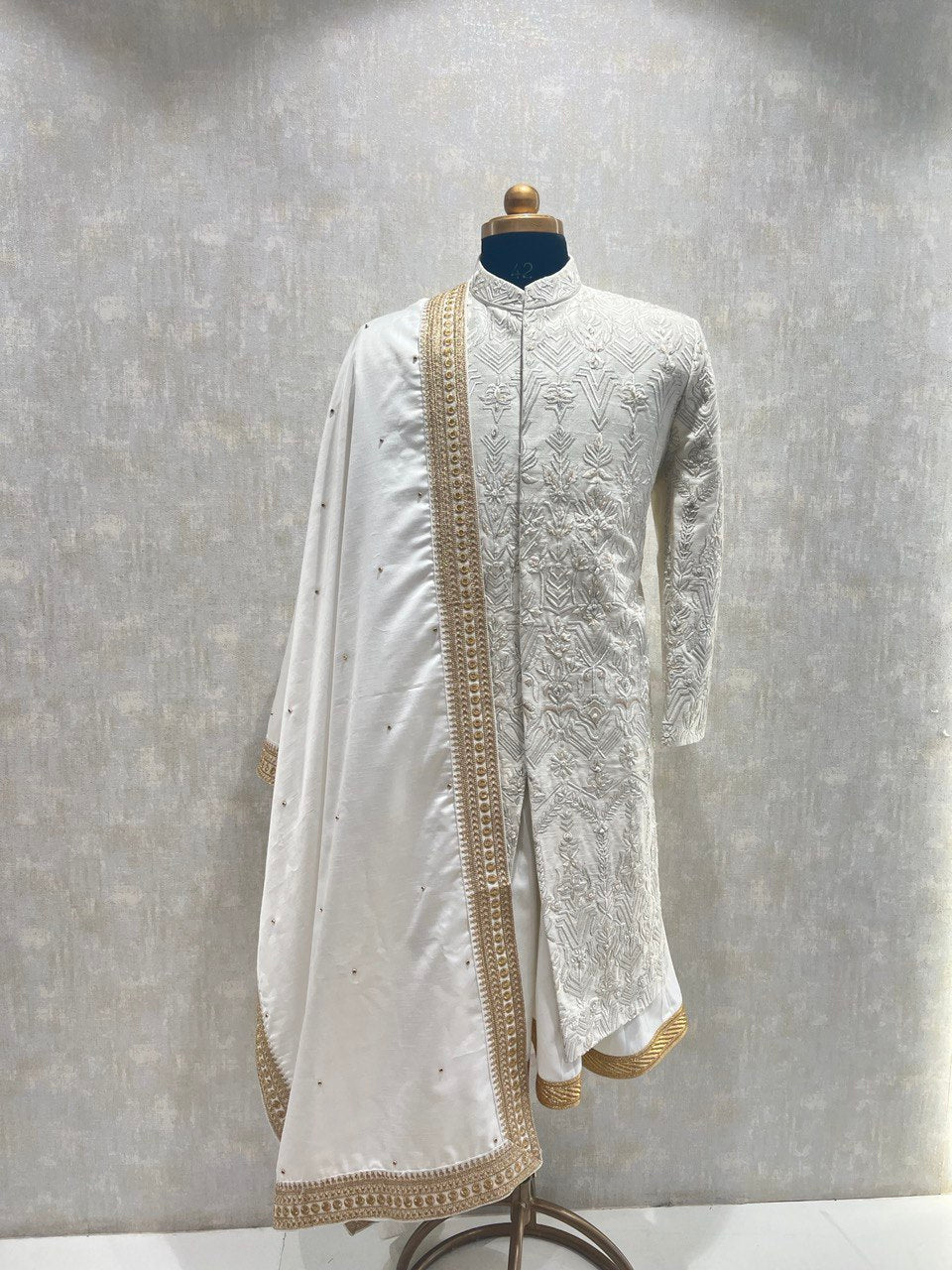 Ivory Thread Sherwani Set With Cut Dana Embroidery