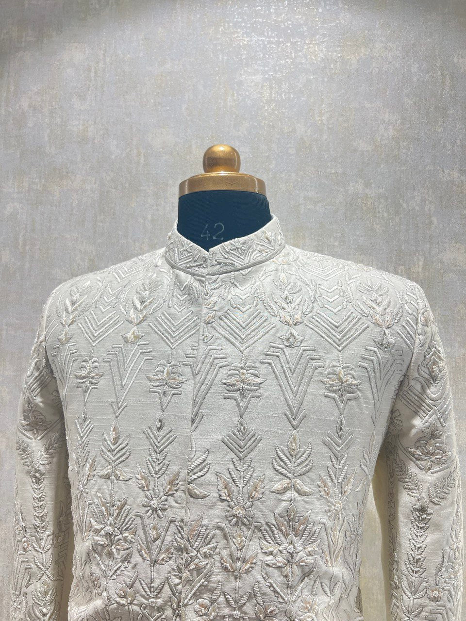 Ivory Thread Sherwani Set With Cut Dana Embroidery