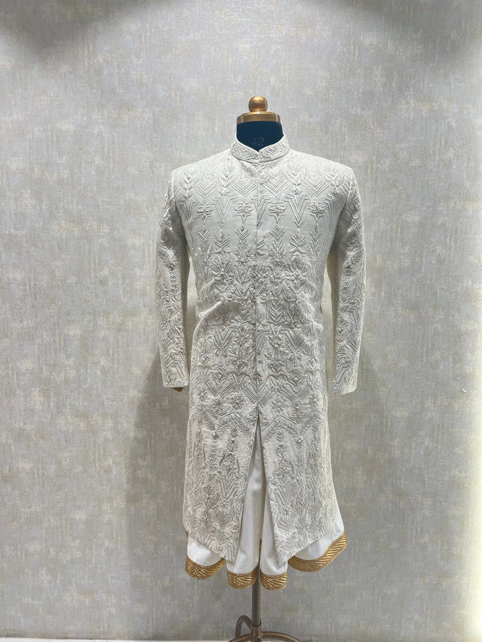 Ivory Thread Sherwani Set With Cut Dana Embroidery