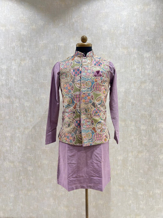 Mauve Embroidered Kurta Jacket Set