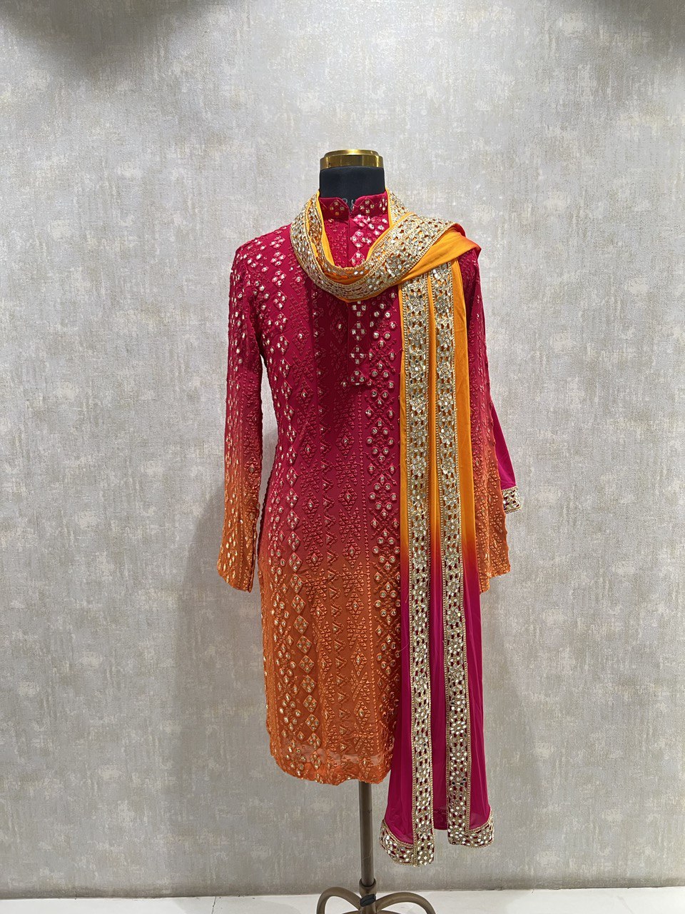 Ombre Effect Mirrorwork Kurta Dupatta Set