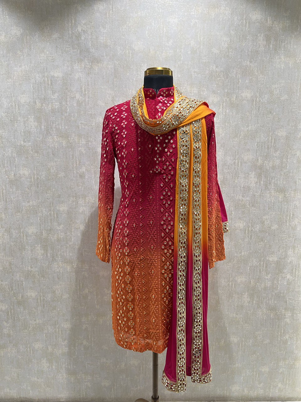 Ombre Effect Mirrorwork Kurta Dupatta Set