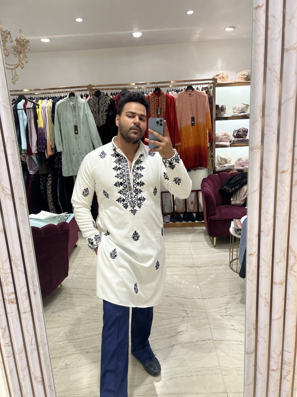 Thread Embroidered Italian Stretch Kurta Set