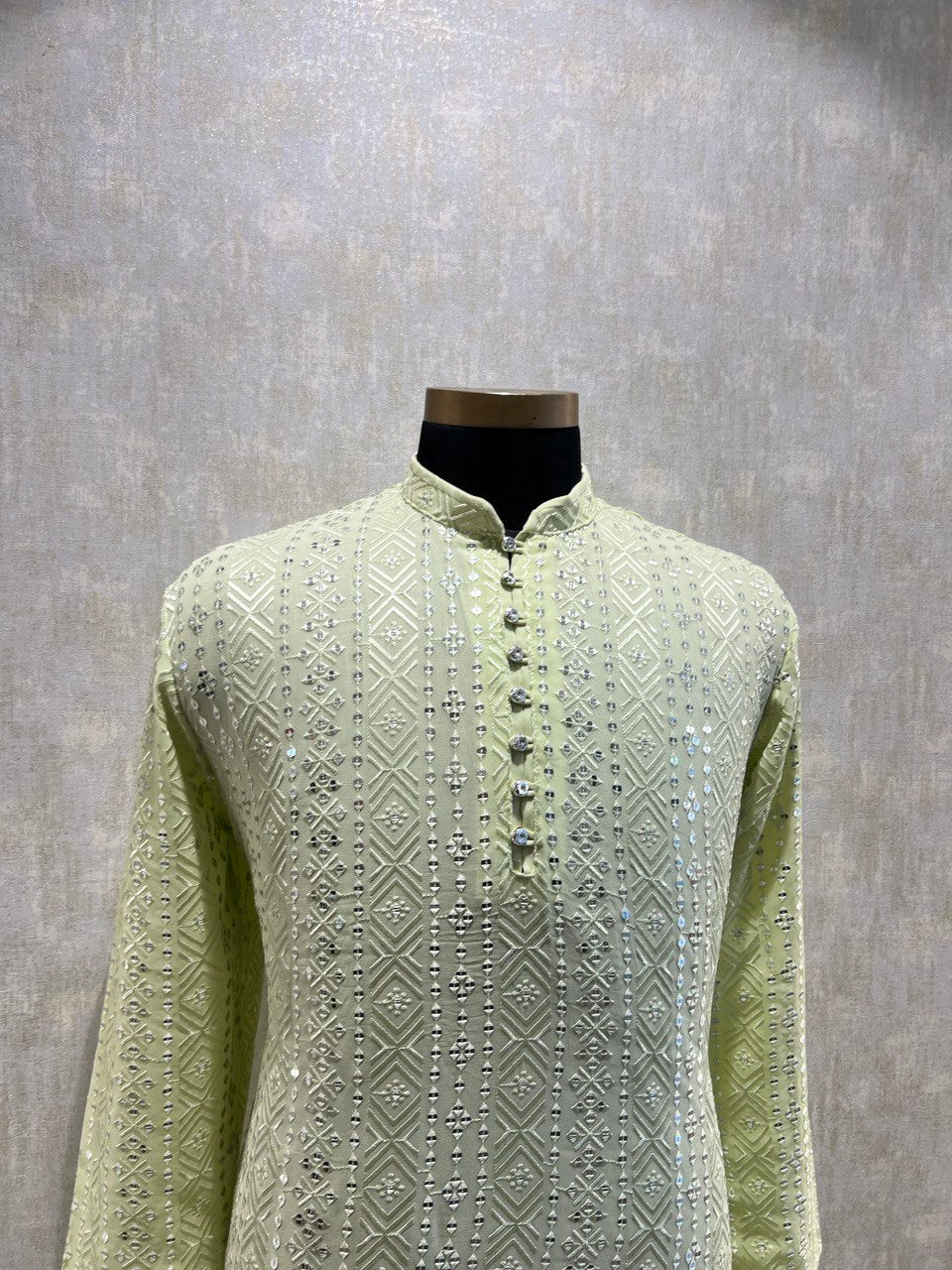 Mens Motif Work Chikankari Sequins Kurta Set