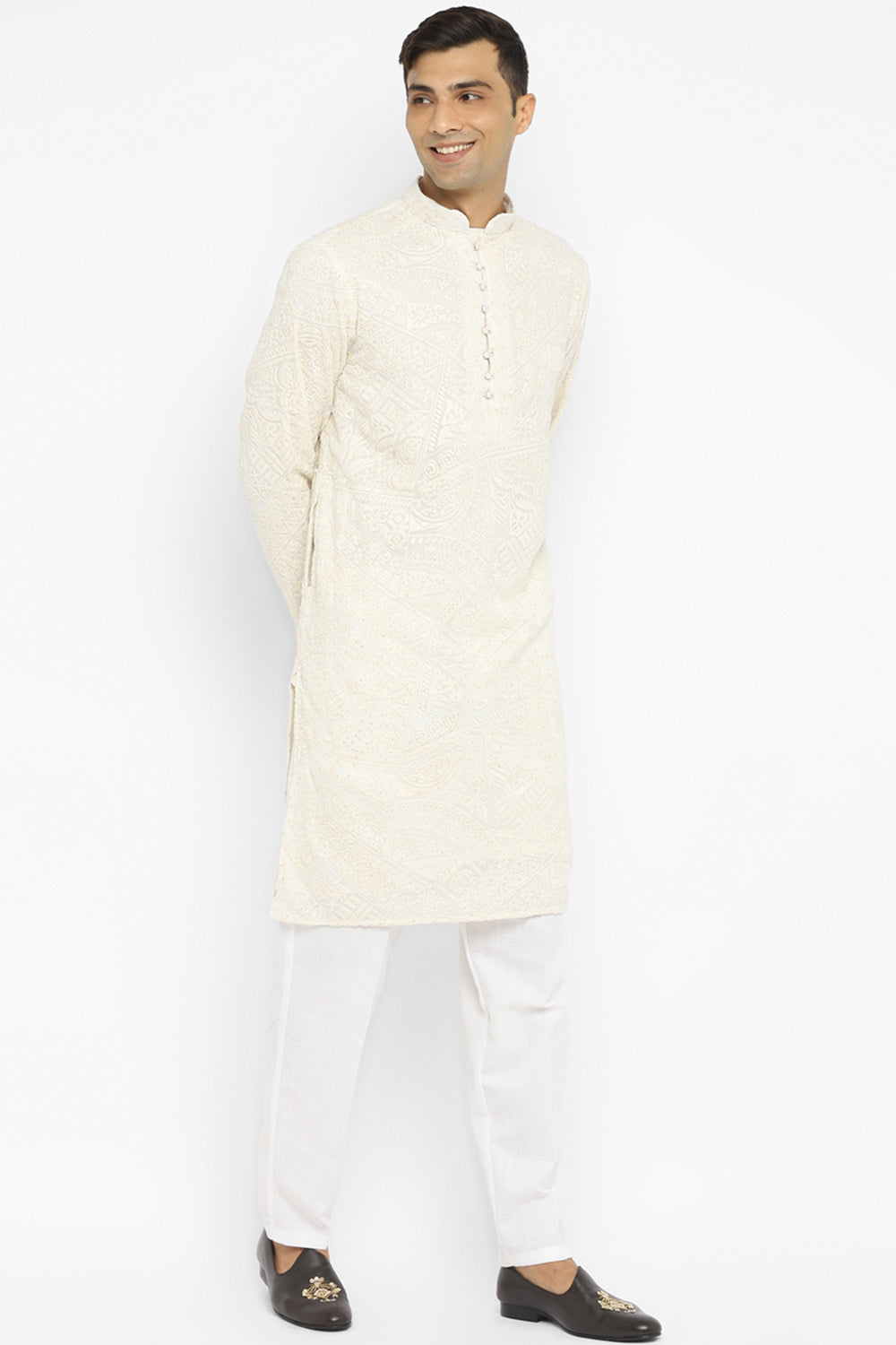 Triple Cream Modern Embroidered Kurta Set