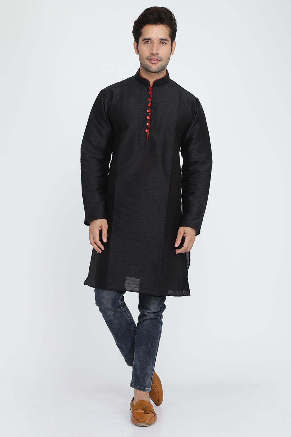 Mens Raw Silk Kurta With Loop Buttons