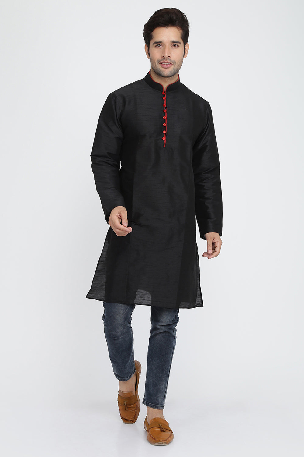 Mens Raw Silk Kurta With Loop Buttons