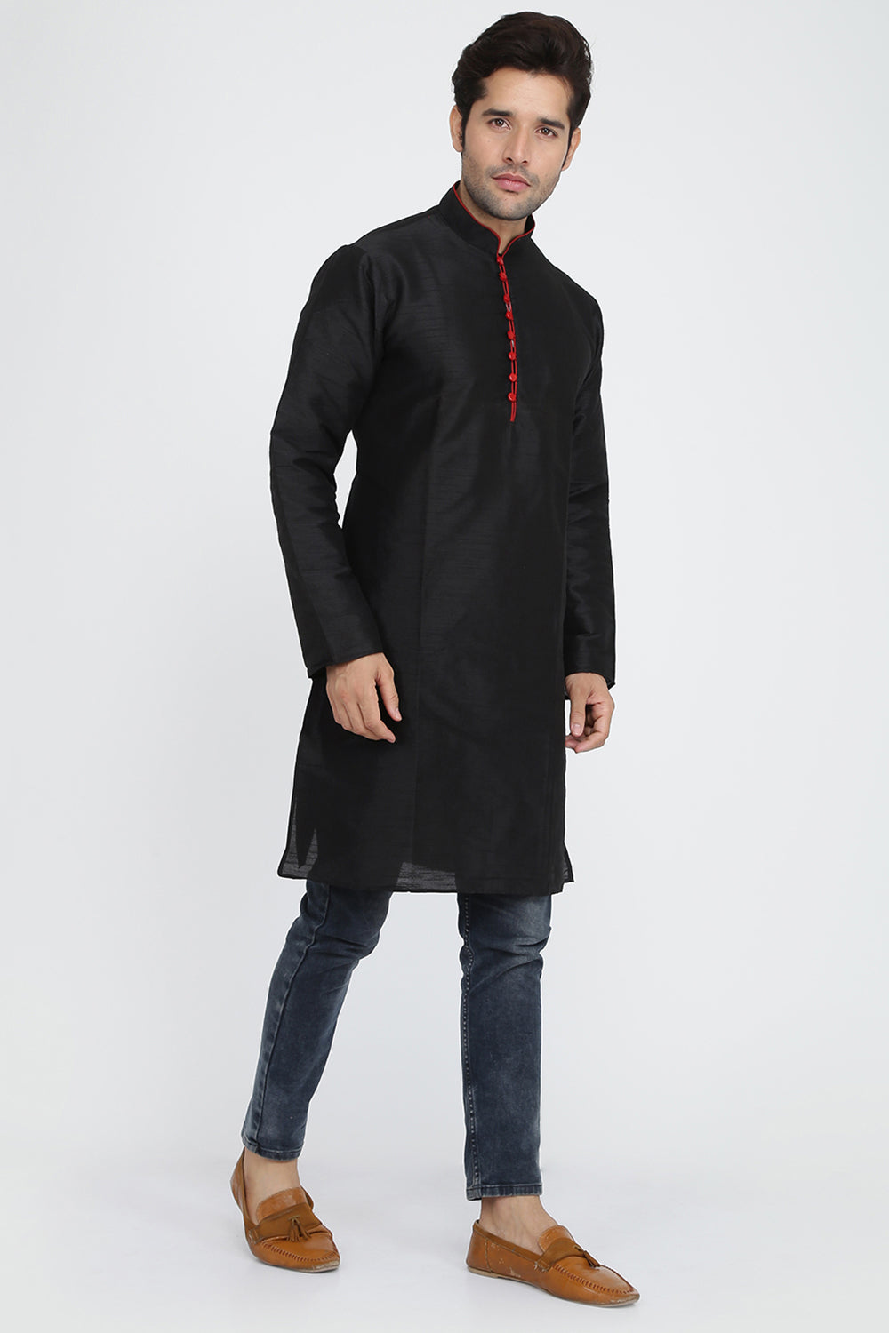 Mens Raw Silk Kurta With Loop Buttons