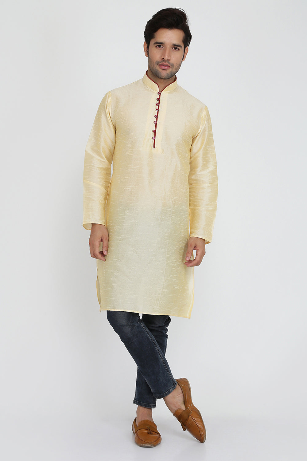 Mens Raw Silk Kurta With Loop Buttons