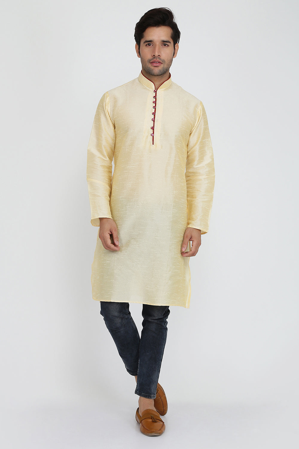 Mens Raw Silk Kurta With Loop Buttons