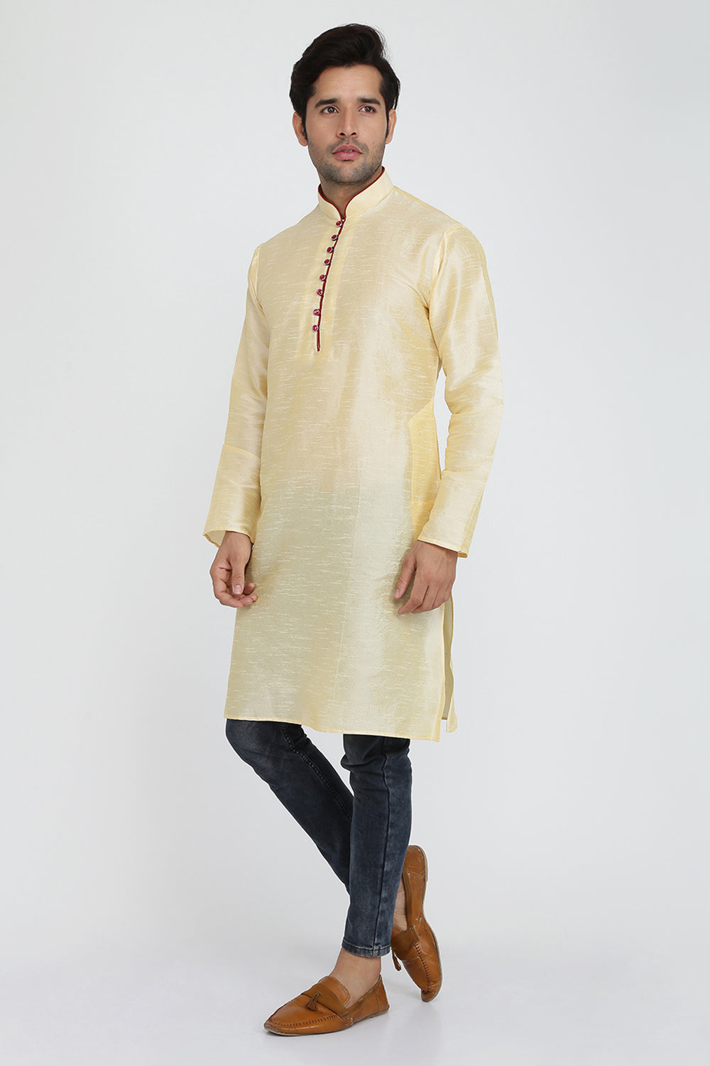 Mens Raw Silk Kurta With Loop Buttons