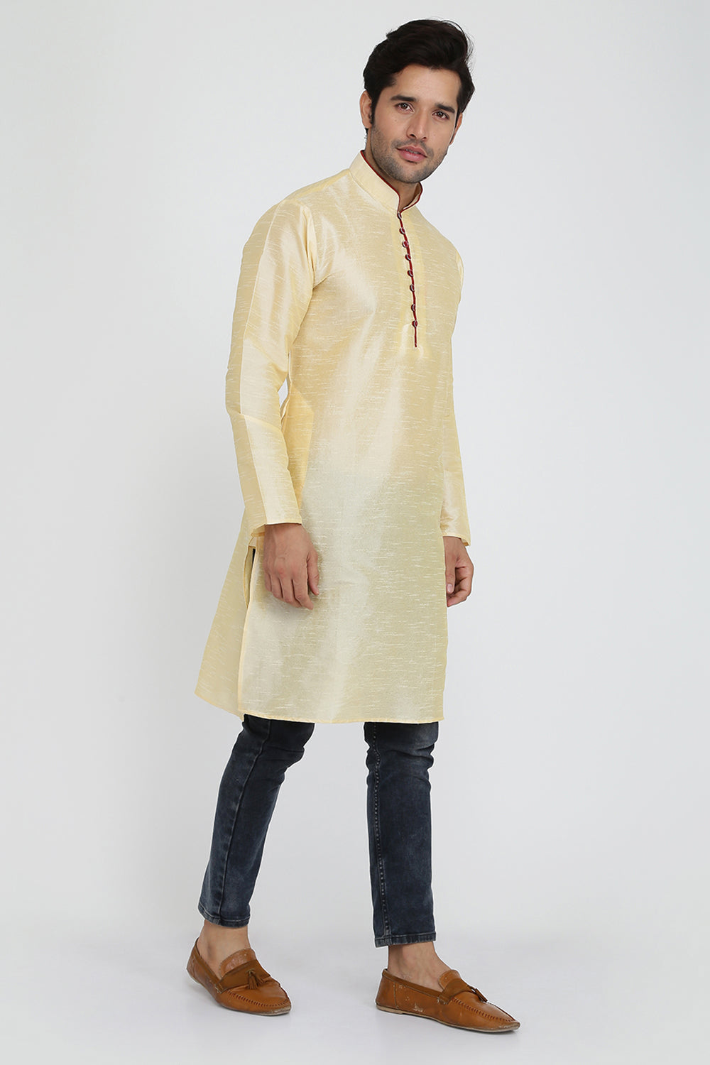 Mens Raw Silk Kurta With Loop Buttons