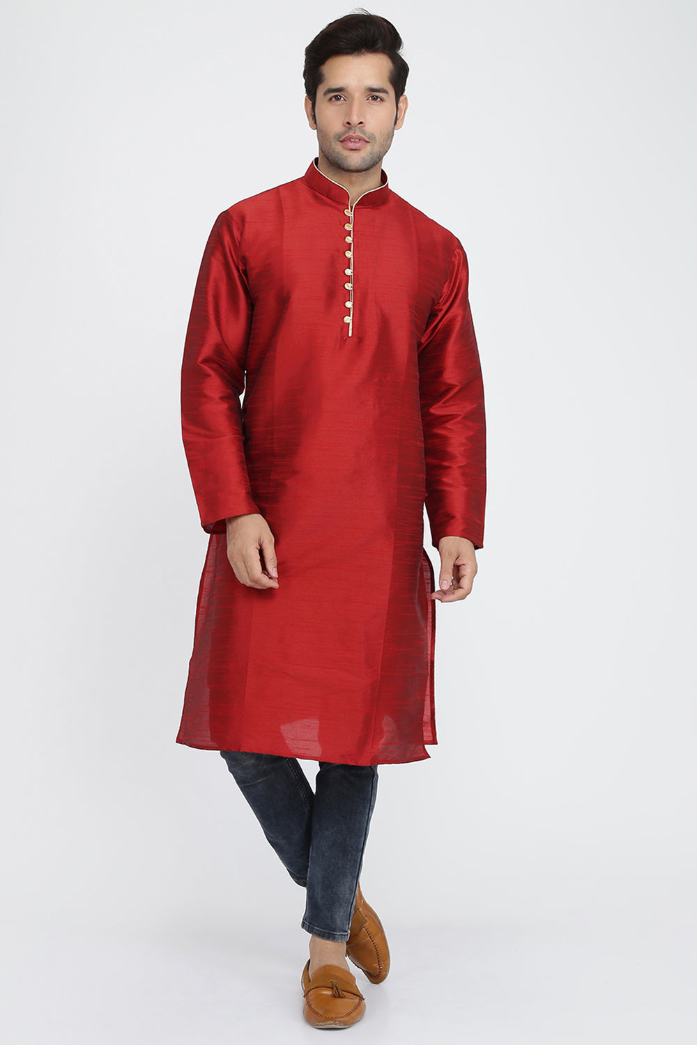 Mens Raw Silk Kurta With Loop Buttons