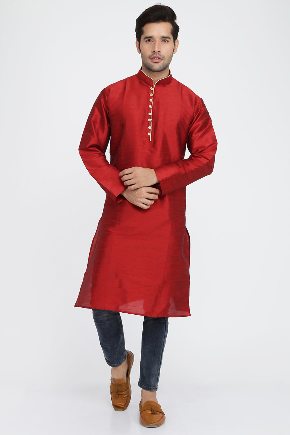 Mens Raw Silk Kurta With Loop Buttons