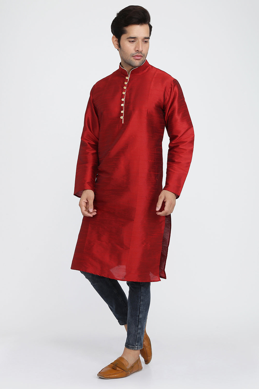 Mens Raw Silk Kurta With Loop Buttons