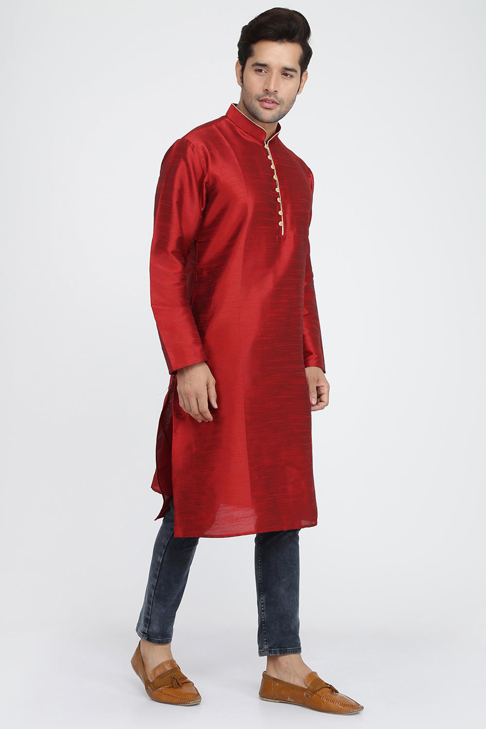 Mens Raw Silk Kurta With Loop Buttons