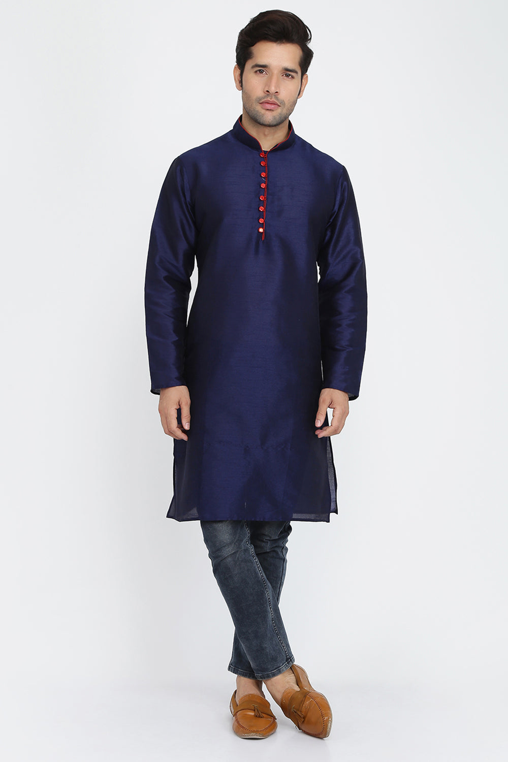 Mens Raw Silk Kurta With Loop Buttons