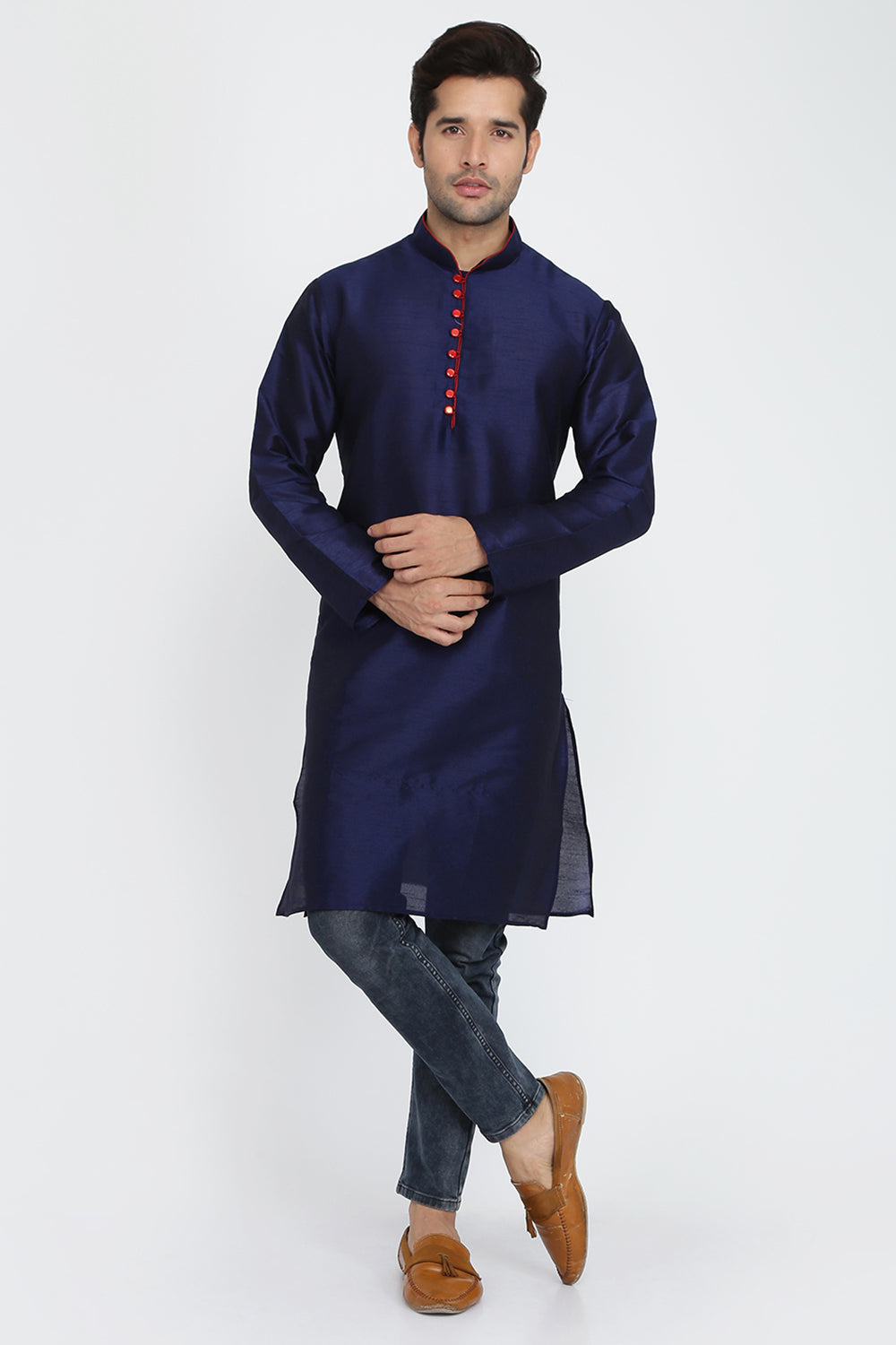 Mens Raw Silk Kurta With Loop Buttons