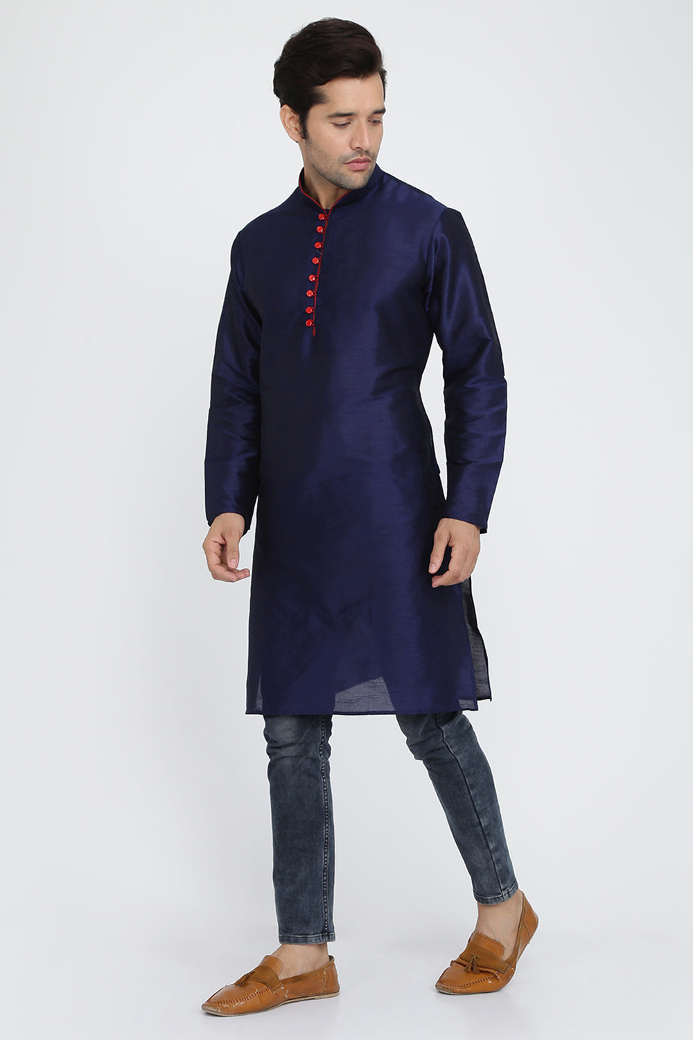 Mens Raw Silk Kurta With Loop Buttons