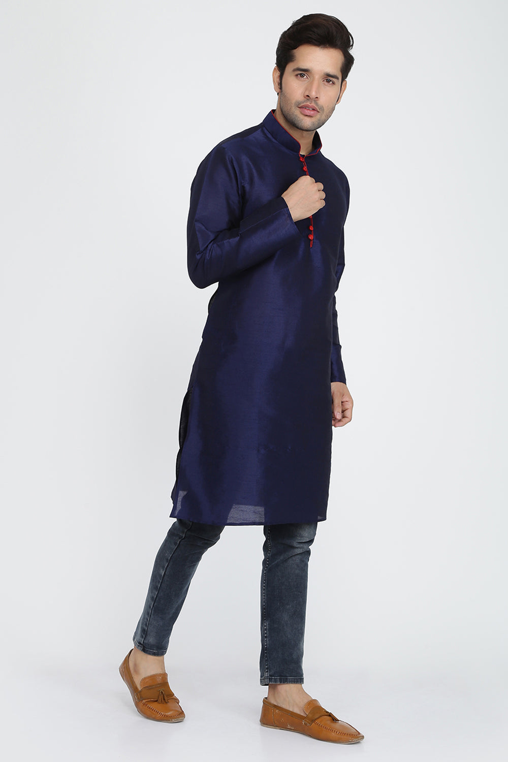 Mens Raw Silk Kurta With Loop Buttons