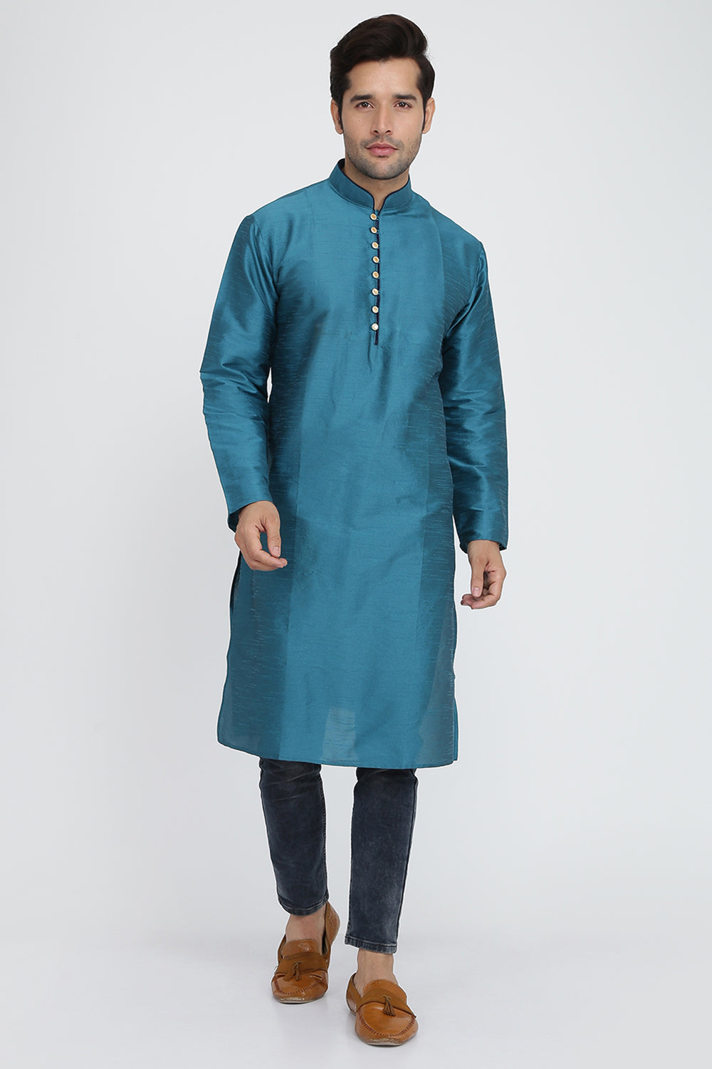 Mens Raw Silk Kurta With Loop Buttons