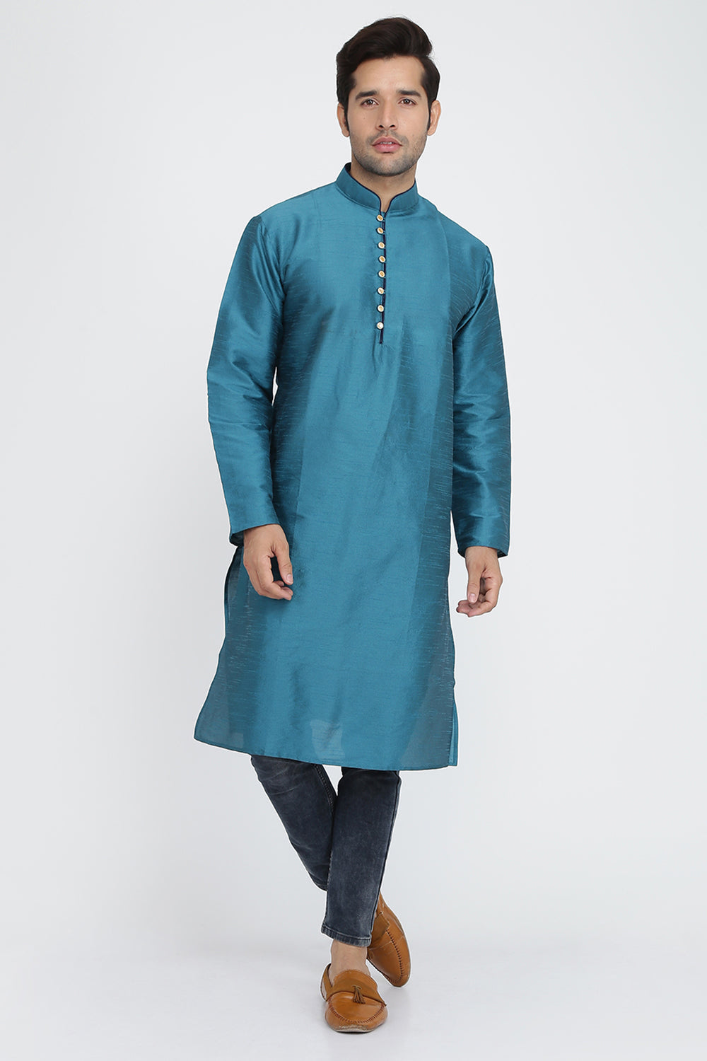 Mens Raw Silk Kurta With Loop Buttons