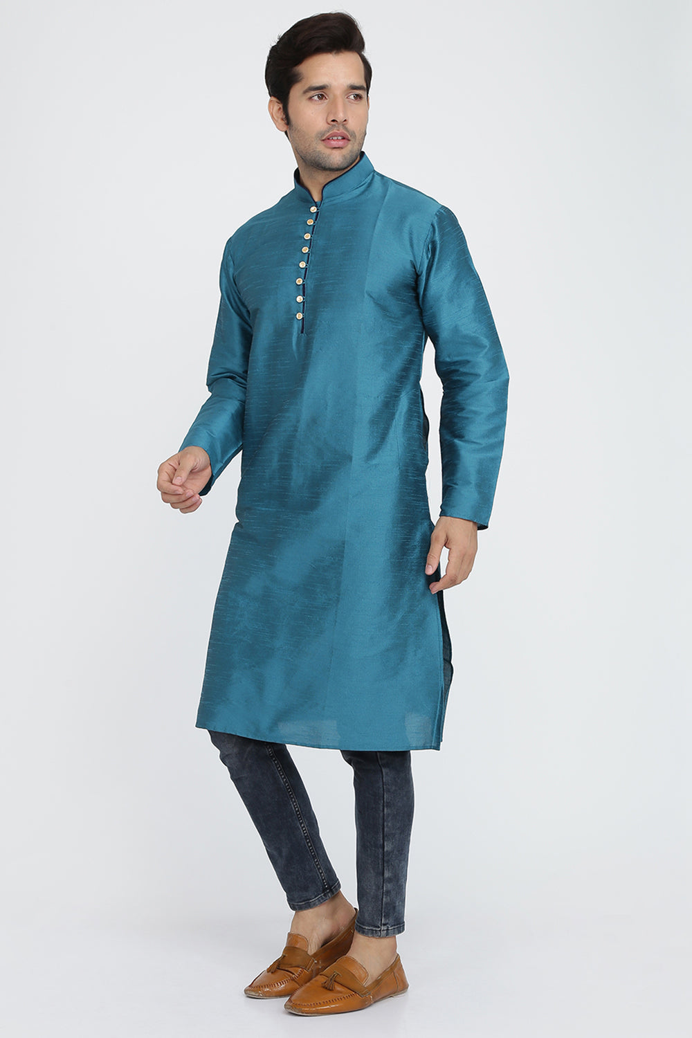 Mens Raw Silk Kurta With Loop Buttons