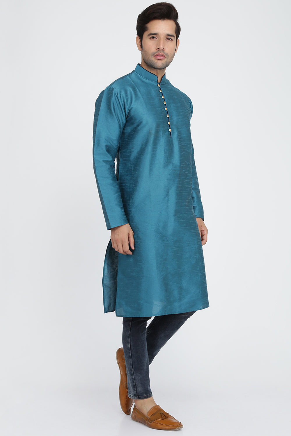 Mens Raw Silk Kurta With Loop Buttons