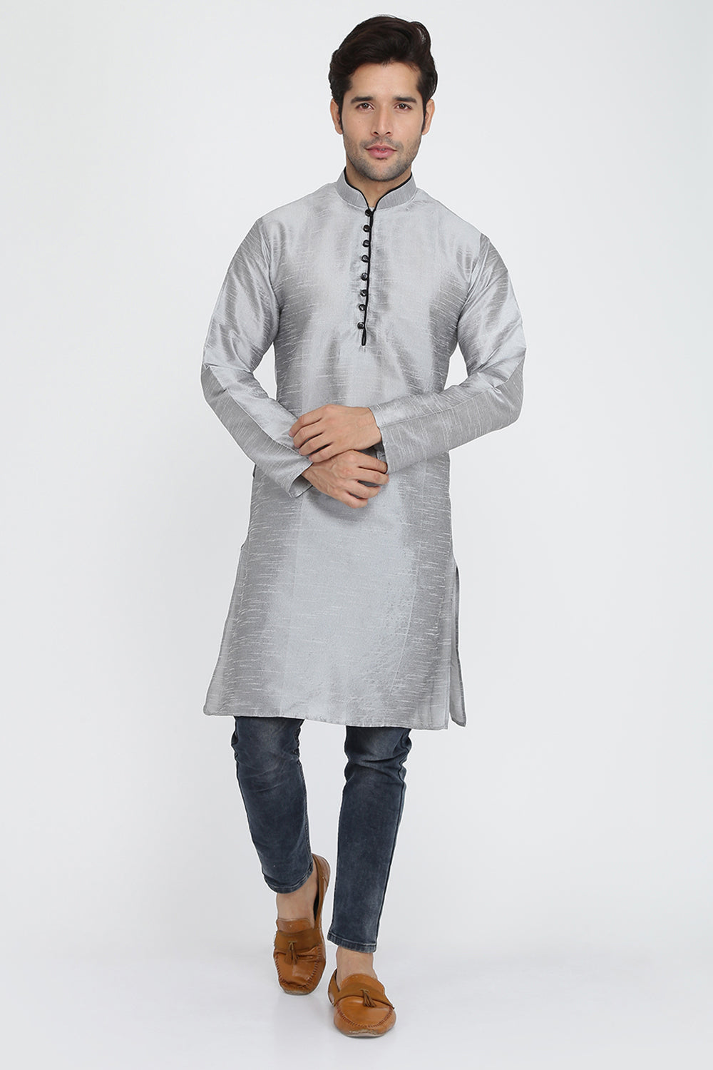 Mens Raw Silk Kurta With Loop Buttons