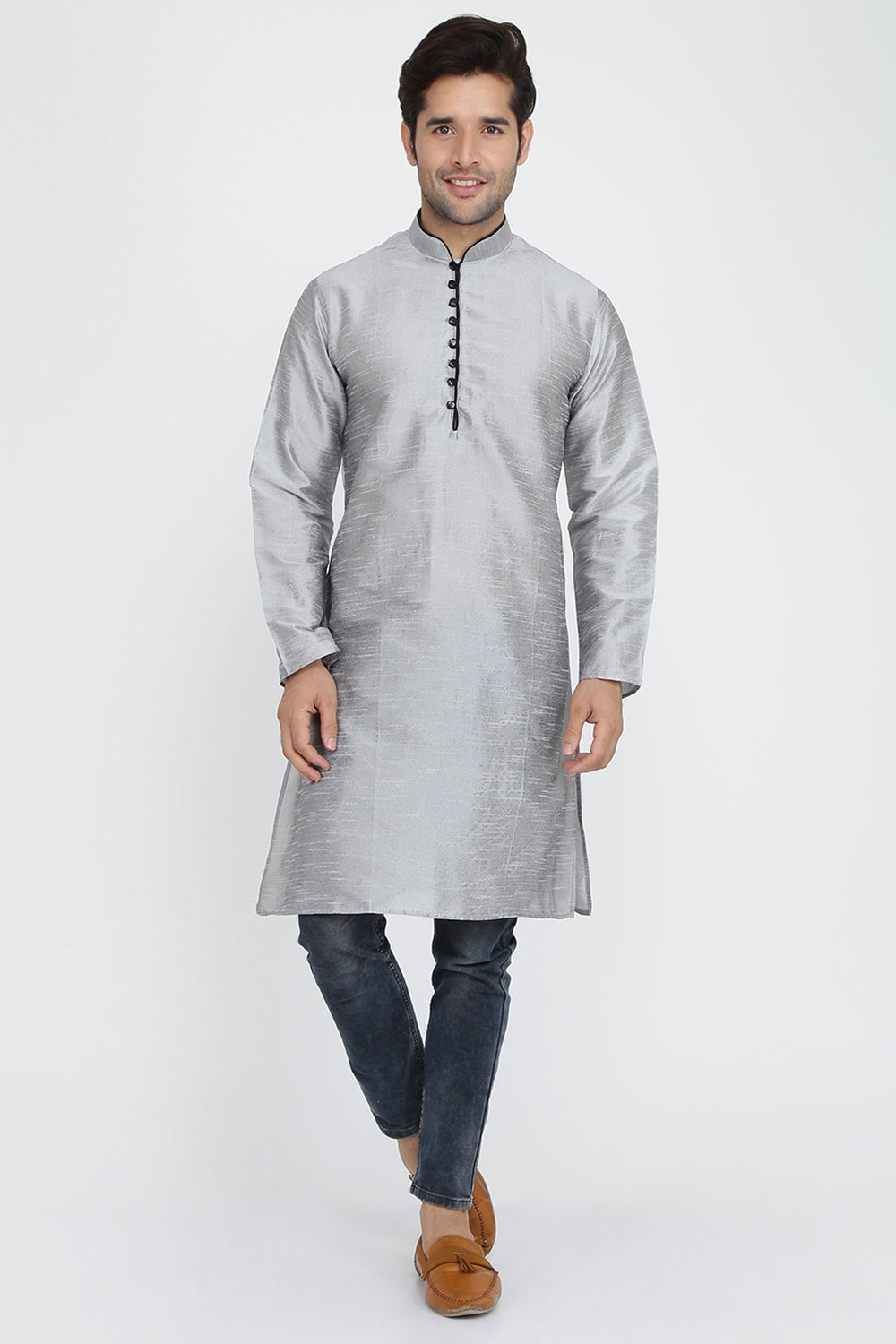 Mens Raw Silk Kurta With Loop Buttons