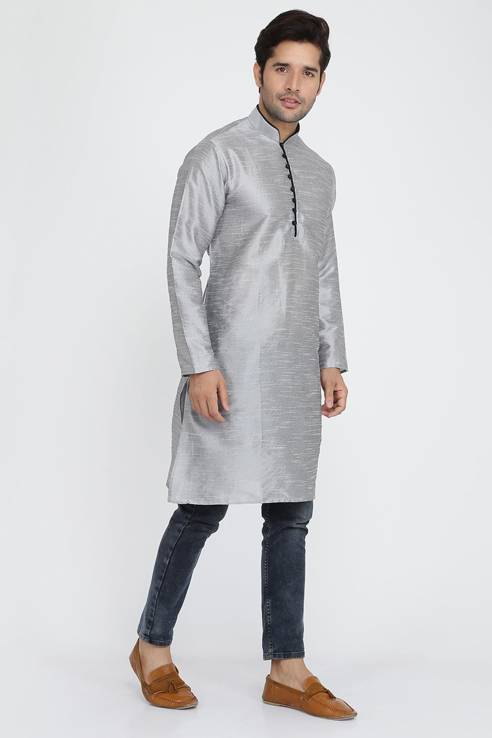 Mens Raw Silk Kurta With Loop Buttons