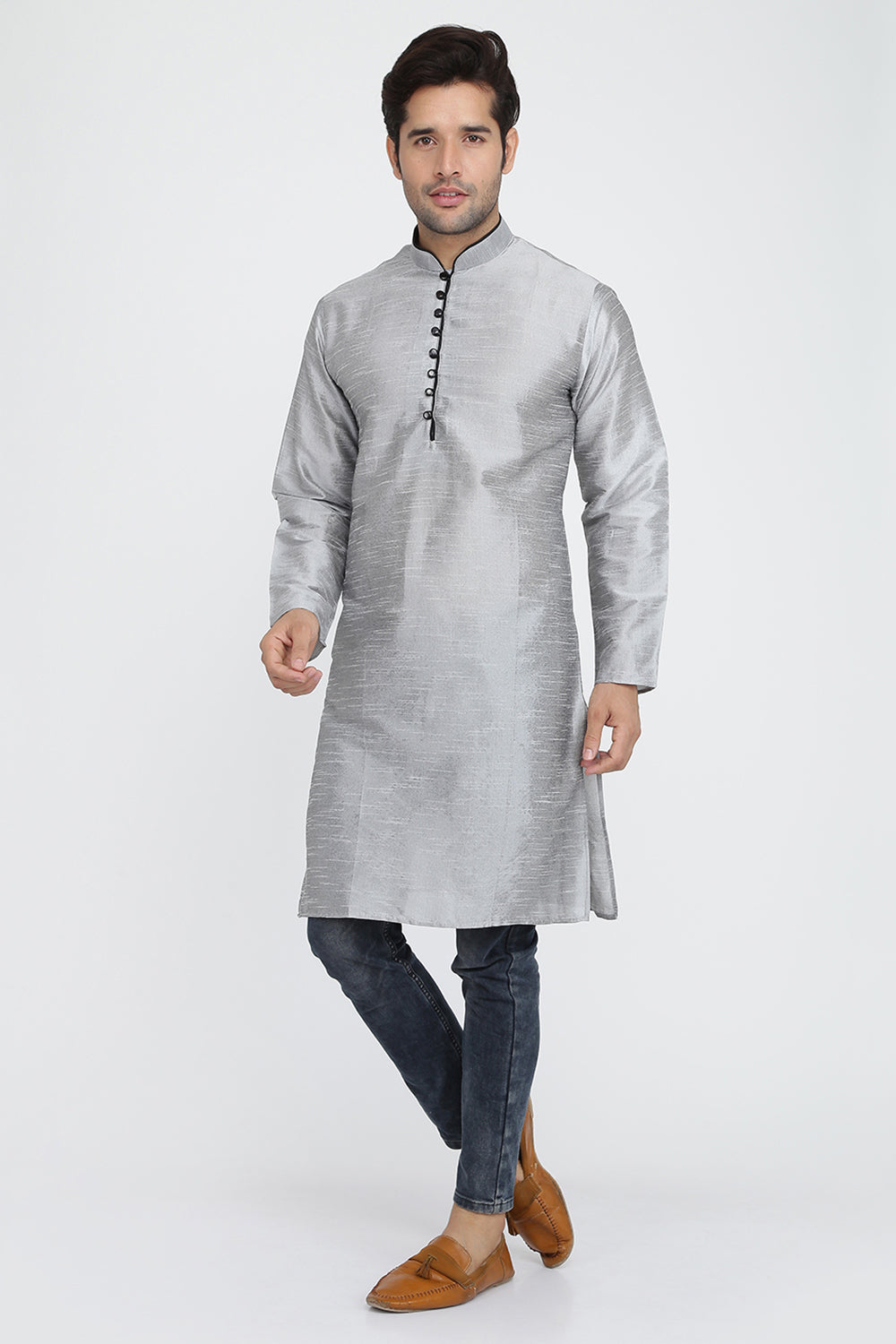 Mens Raw Silk Kurta With Loop Buttons