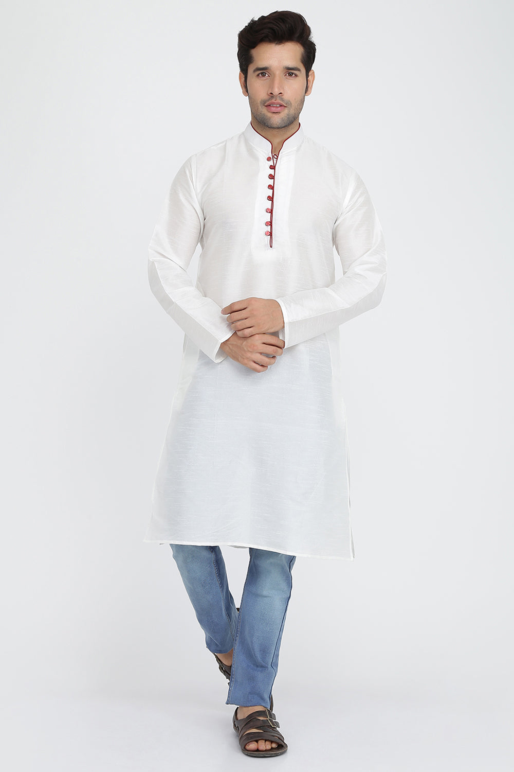 Mens Raw Silk Kurta With Loop Buttons